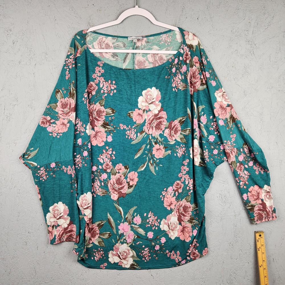 Vintage White Birch Shirt Womens 1X Teal Floral Dolman Oversized Top Blouse Y2k